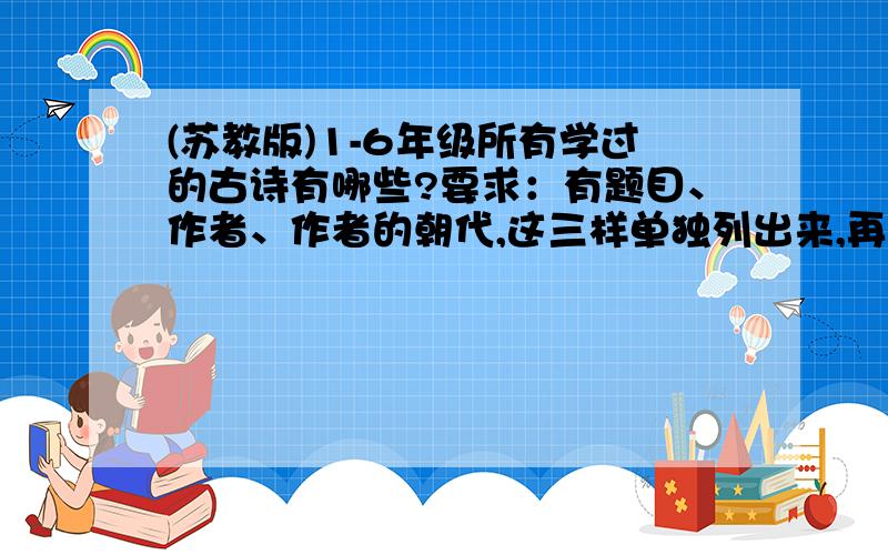 (苏教版)1-6年级所有学过的古诗有哪些?要求：有题目、作者、作者的朝代,这三样单独列出来,再按照刚才的顺序,把题目、作者、作者的朝代还有古诗全文写出来,一定要写全!