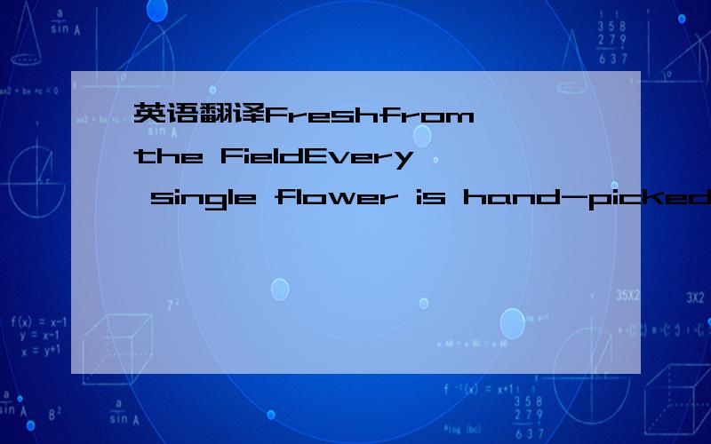 英语翻译Freshfrom the FieldEvery single flower is hand-picked frombeautiful flower fields all over the world.From the soil to the first bloom,ourflowers are carefully nurtured in pristine conditions to ensure idealfreshness.