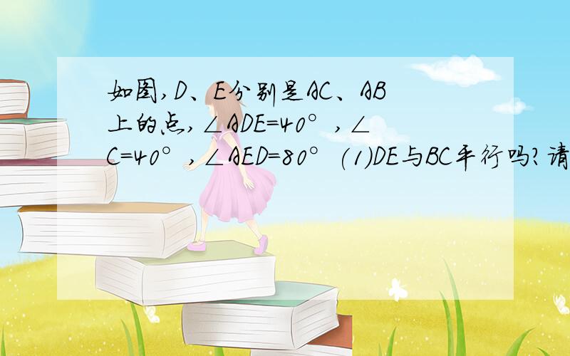 如图,D、E分别是AC、AB上的点,∠ADE=40°,∠C=40°,∠AED=80°(1)DE与BC平行吗?请说明理由；（2）求∠B的度数