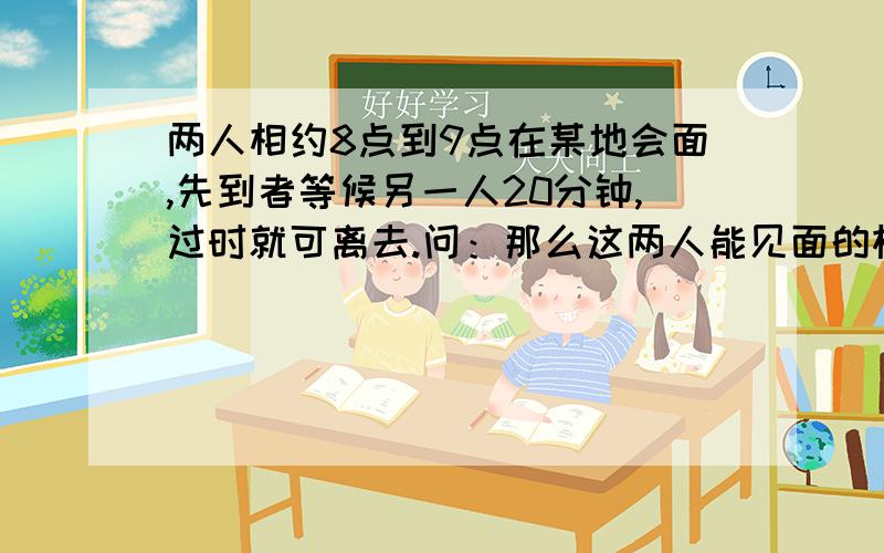 两人相约8点到9点在某地会面,先到者等候另一人20分钟,过时就可离去.问：那么这两人能见面的机会有多大能会面的点的区域用阴影标出的图也献上