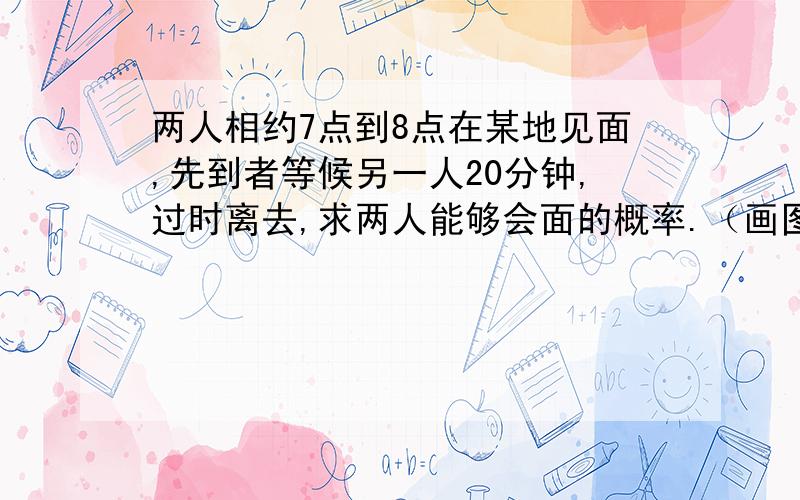 两人相约7点到8点在某地见面,先到者等候另一人20分钟,过时离去,求两人能够会面的概率.（画图做）