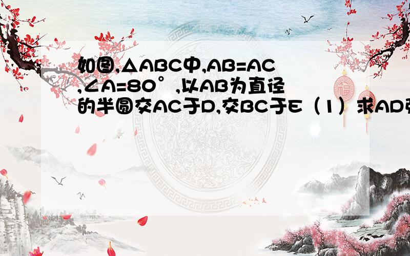 如图,△ABC中,AB=AC,∠A=80°,以AB为直径的半圆交AC于D,交BC于E（1）求AD弧、DE弧、BE弧所对圆心角的度数（2）证明：BE=EC