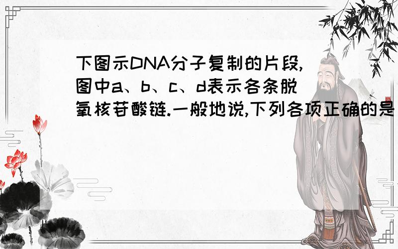 下图示DNA分子复制的片段,图中a、b、c、d表示各条脱氧核苷酸链.一般地说,下列各项正确的是 A.a和c的碱基序列互补?B.b和c的碱基序列相同?C.a链中（A+T）/（G+C）的比值与b链中同项比值不同?D.a