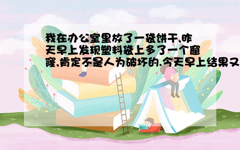 我在办公室里放了一袋饼干,昨天早上发现塑料袋上多了一个窟窿,肯定不是人为破坏的.今天早上结果又多了3个窟窿!以前办公室里发现过蟑螂,我想询问一下蟑螂能把塑料袋咬破么?或者还有别