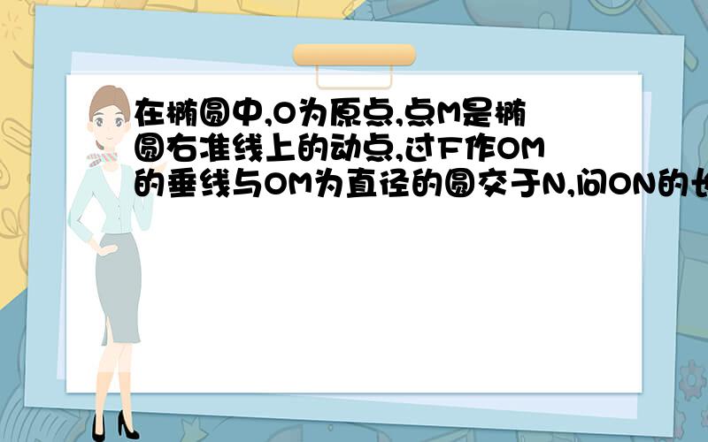 在椭圆中,O为原点,点M是椭圆右准线上的动点,过F作OM的垂线与OM为直径的圆交于N,问ON的长是多少?