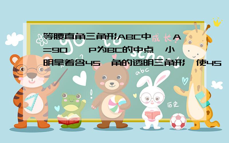 等腰直角三角形ABC中,∠A=90°,P为BC的中点,小明拿着含45°角的透明三角形,使45°角的顶点落在点P