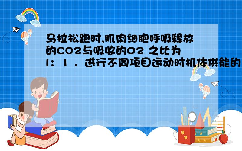 马拉松跑时,肌肉细胞呼吸释放的CO2与吸收的02 之比为l：1 ．进行不同项目运动时机体供能的主要方式不同.假设不同运动中供能物质都是葡萄糖,下图表示不同距离的跑步过程中有氧呼吸和无