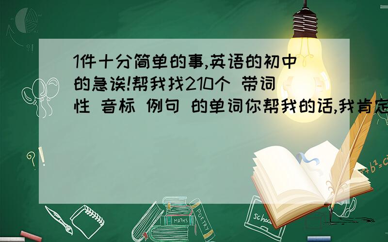 1件十分简单的事,英语的初中的急诶!帮我找210个 带词性 音标 例句 的单词你帮我的话,我肯定会帮你加高分.上次我白白浪费那么多分,没人回答,只好关掉…… 我不要重演历史!注意要有例句的