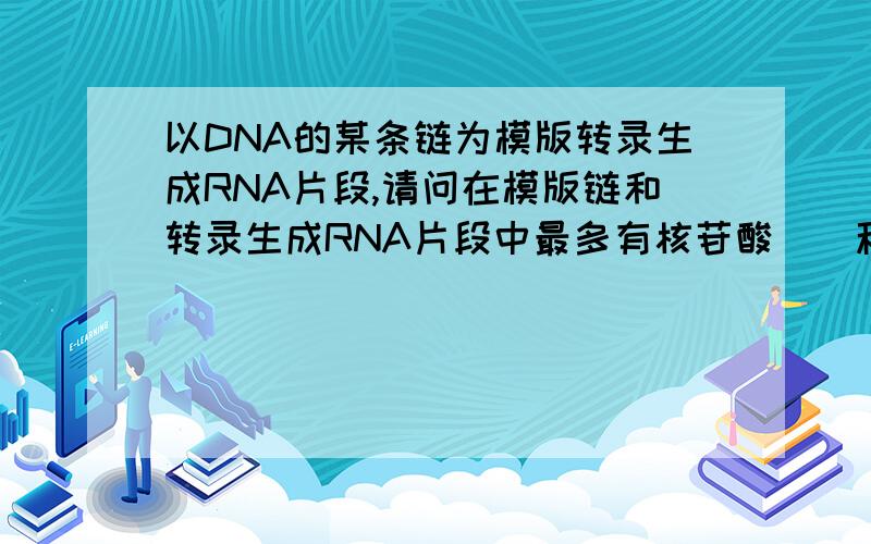 以DNA的某条链为模版转录生成RNA片段,请问在模版链和转录生成RNA片段中最多有核苷酸（）种?