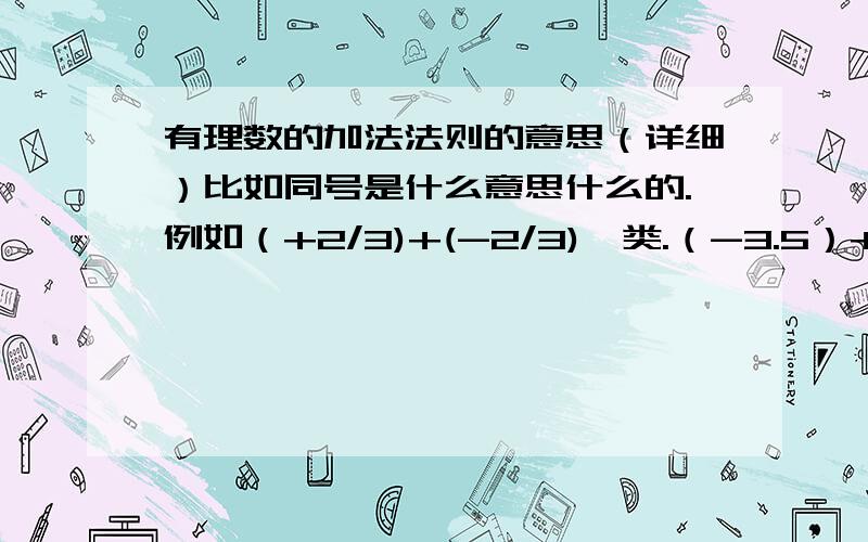 有理数的加法法则的意思（详细）比如同号是什么意思什么的.例如（+2/3)+(-2/3)一类.（-3.5）+（+7）一类.主要是告诉我有理数的加法的技巧- -为什么（+2/3)+(-2/3)=0？如果是（+5）+ (-5）呐？是不