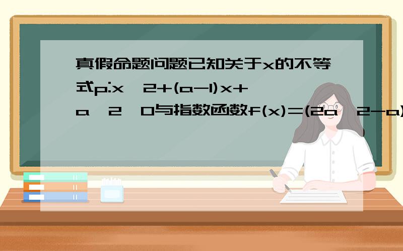 真假命题问题已知关于x的不等式p:x^2+(a-1)x+a^2>0与指数函数f(x)=(2a^2-a)^x;若命题