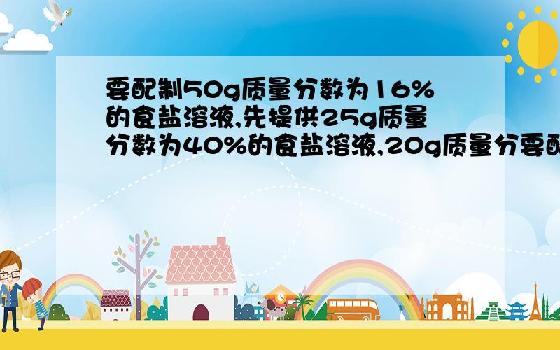 要配制50g质量分数为16%的食盐溶液,先提供25g质量分数为40%的食盐溶液,20g质量分要配制50g质量分数为16%的食盐溶液,先提供25g质量分数为40%的食盐溶液、20g质量分数为15%的食盐溶液、足够的食