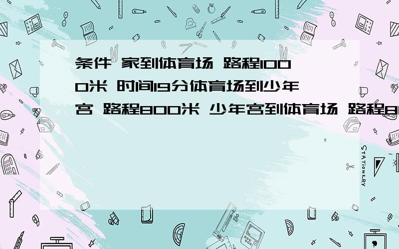 条件 家到体育场 路程1000米 时间19分体育场到少年宫 路程800米 少年宫到体育场 路程800米 时间16分体育馆到家 路程1000米 时间22分求 根据上面路线算一算从家到少年宫再返回家的平均速度要