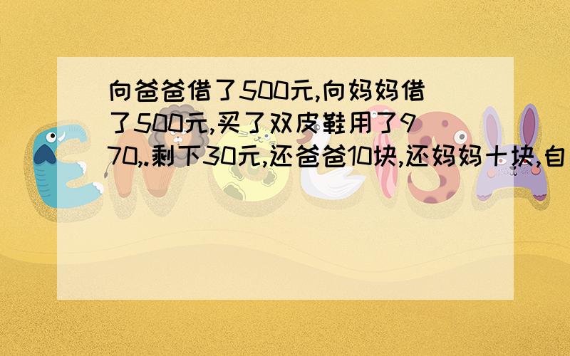 向爸爸借了500元,向妈妈借了500元,买了双皮鞋用了970,.剩下30元,还爸爸10块,还妈妈十块,自己剩下了十块,欠爸爸490,欠妈妈490,490加490=980加上自己的十块=990.还有十块去哪里了呢?