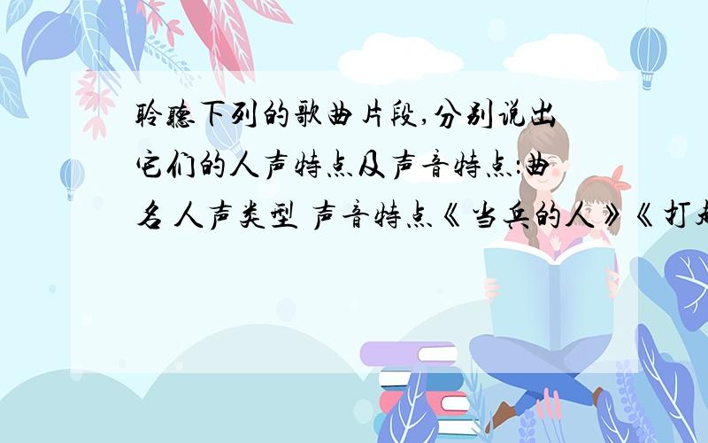 聆听下列的歌曲片段,分别说出它们的人声特点及声音特点：曲名 人声类型 声音特点《当兵的人》《打起手鼓唱起歌》《党啊,亲爱的妈妈》《我为祖国献石油》我对音乐一窍不通,