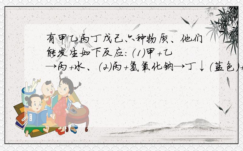 有甲乙丙丁戊己六种物质、他们能发生如下反应：（1）甲+乙→丙+水、（2）丙+氢氧化钠→丁↓（蓝色）+戊、                     （3）丁（加热）→甲+水、（4）戊+氯化钡→已↓（白色）+氯化