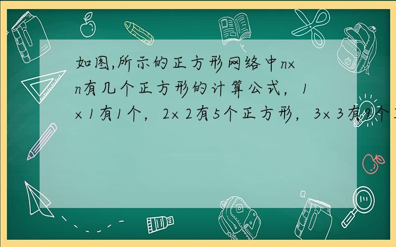 如图,所示的正方形网络中n×n有几个正方形的计算公式，1×1有1个，2×2有5个正方形，3×3有9个正方形