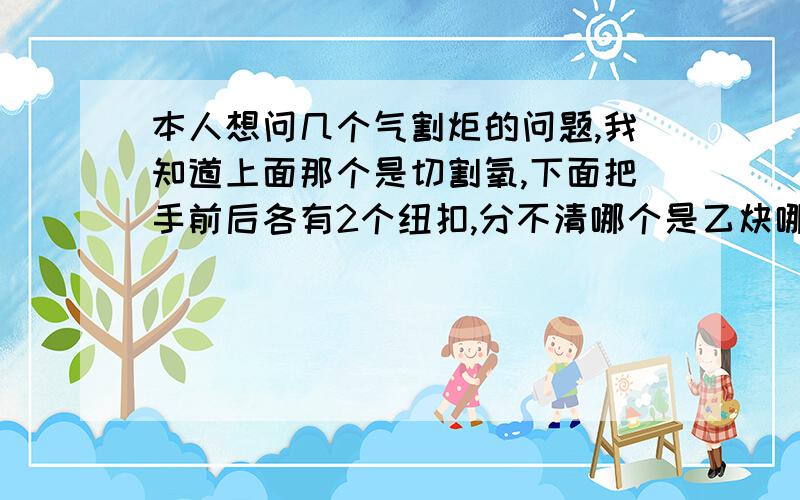 本人想问几个气割炬的问题,我知道上面那个是切割氧,下面把手前后各有2个纽扣,分不清哪个是乙炔哪个是氧气和乙炔,还有,点燃的时候是先乙炔还是氧气,关闭的时候呢?