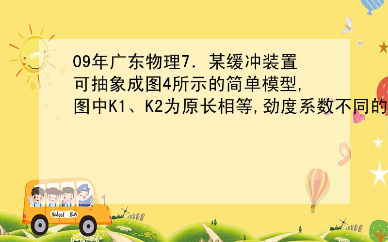 09年广东物理7．某缓冲装置可抽象成图4所示的简单模型,图中K1、K2为原长相等,劲度系数不同的轻质弹簧,下列表述正确的是A．缓冲效果与弹簧的劲度系数无关B．垫片向右移动时,两弹簧产生