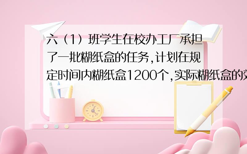 六（1）班学生在校办工厂承担了一批糊纸盒的任务,计划在规定时间内糊纸盒1200个,实际糊纸盒的效率是原计划的1.2倍,结果提前4小时完成了任务.问：原计划每小时糊纸盒多少个?