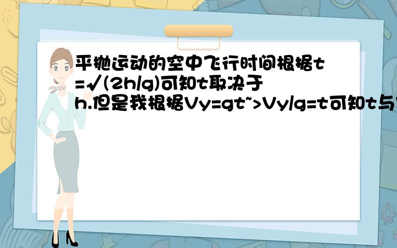 平抛运动的空中飞行时间根据t=√(2h/g)可知t取决于h.但是我根据Vy=gt~>Vy/g=t可知t与Vy又有关,刚问了下很多答案 到底是哪个呢