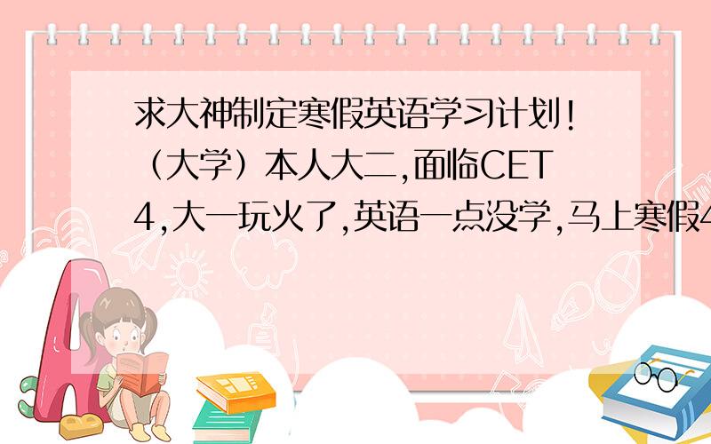 求大神制定寒假英语学习计划!（大学）本人大二,面临CET4,大一玩火了,英语一点没学,马上寒假40天,悬赏求可行计划啊啊啊::>_