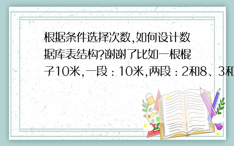 根据条件选择次数,如何设计数据库表结构?谢谢了比如一根棍子10米,一段：10米,两段：2和8、3和7.,那分成三段、四段.