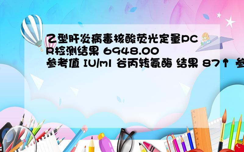 乙型肝炎病毒核酸荧光定量PCR检测结果 6948.00 参考值 IU/ml 谷丙转氨酶 结果 87↑ 参考值 2-50U/L