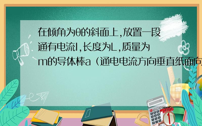 在倾角为θ的斜面上,放置一段通有电流I,长度为L,质量为m的导体棒a（通电电流方向垂直纸面向里）,棒与斜面间动摩擦因素u