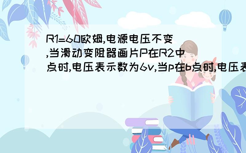 R1=60欧姆,电源电压不变,当滑动变阻器画片P在R2中点时,电压表示数为6v,当p在b点时,电压表示数为9v求R2的最大阻值和电源电压