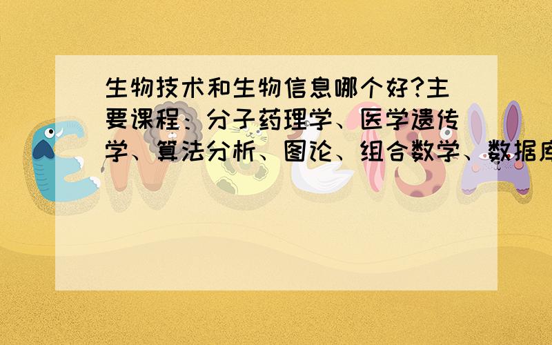 生物技术和生物信息哪个好?主要课程：分子药理学、医学遗传学、算法分析、图论、组合数学、数据库原理与程序设计、生物数据可视化技术、SAS&R统计软件应用、统计遗传学与基因作图、