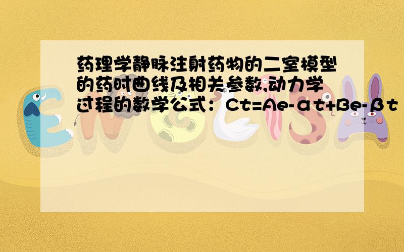 药理学静脉注射药物的二室模型的药时曲线及相关参数,动力学过程的数学公式：Ct=Ae-αt+Be-βt ,A怎么理解