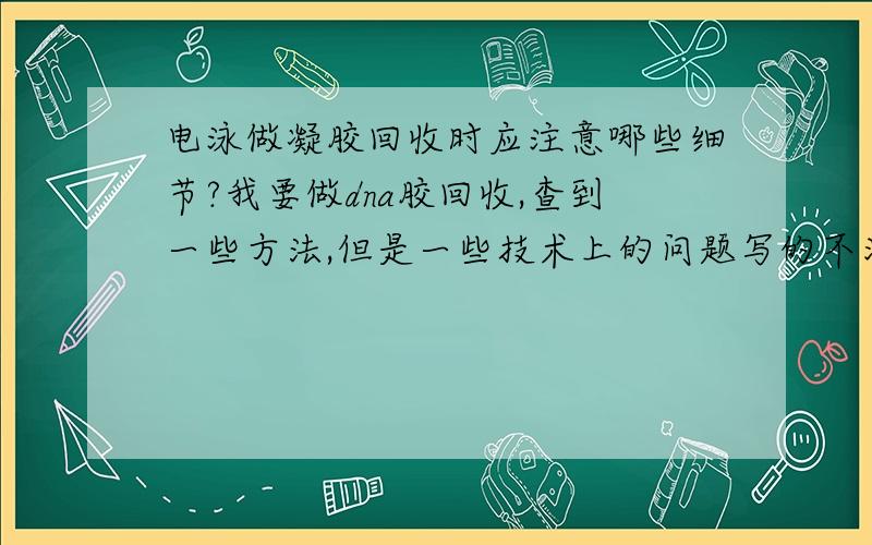 电泳做凝胶回收时应注意哪些细节?我要做dna胶回收,查到一些方法,但是一些技术上的问题写的不清楚,希望能得到一些有价值的建议.以提高胶回收的效率