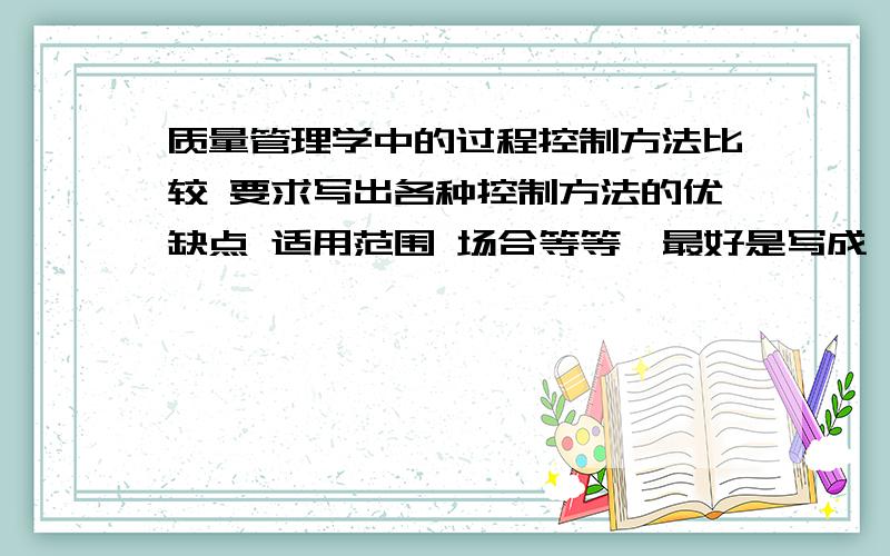 质量管理学中的过程控制方法比较 要求写出各种控制方法的优缺点 适用范围 场合等等,最好是写成一篇论文 或者给我提供以下素材.周三要交啊 大家有知道的赶紧给我回复 分数我就给多点