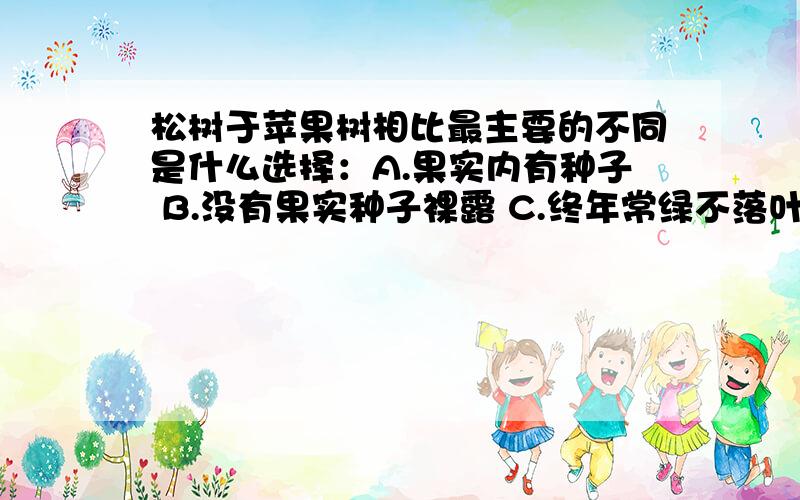 松树于苹果树相比最主要的不同是什么选择：A.果实内有种子 B.没有果实种子裸露 C.终年常绿不落叶 D.松树有果皮保护