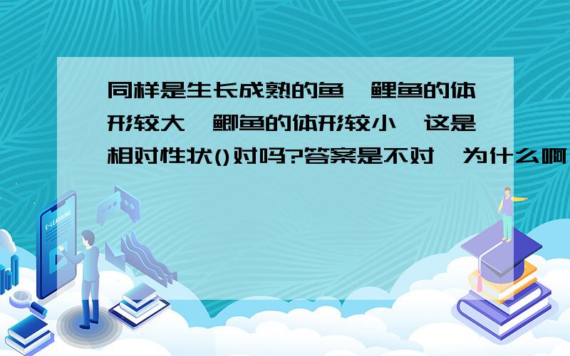 同样是生长成熟的鱼,鲤鱼的体形较大,鲫鱼的体形较小,这是相对性状()对吗?答案是不对,为什么啊 我都把相对性状和性状弄混了,题上说的例子我都不知道选哪个了,谁能说下,不必长篇大论.