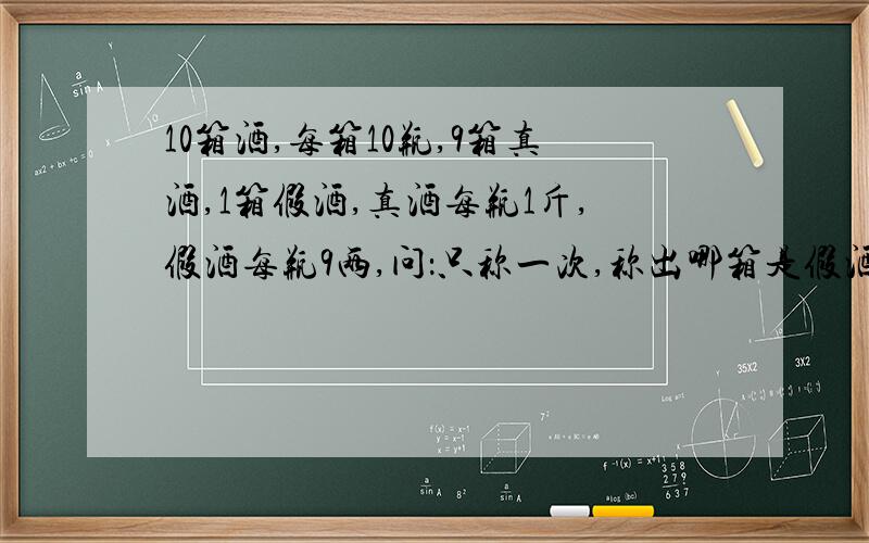 10箱酒,每箱10瓶,9箱真酒,1箱假酒,真酒每瓶1斤,假酒每瓶9两,问：只称一次,称出哪箱是假酒?