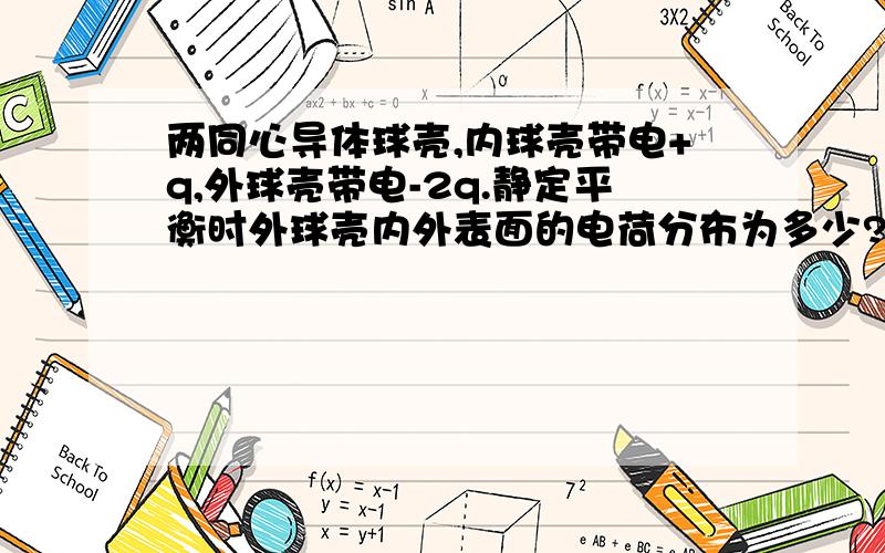 两同心导体球壳,内球壳带电+q,外球壳带电-2q.静定平衡时外球壳内外表面的电荷分布为多少?