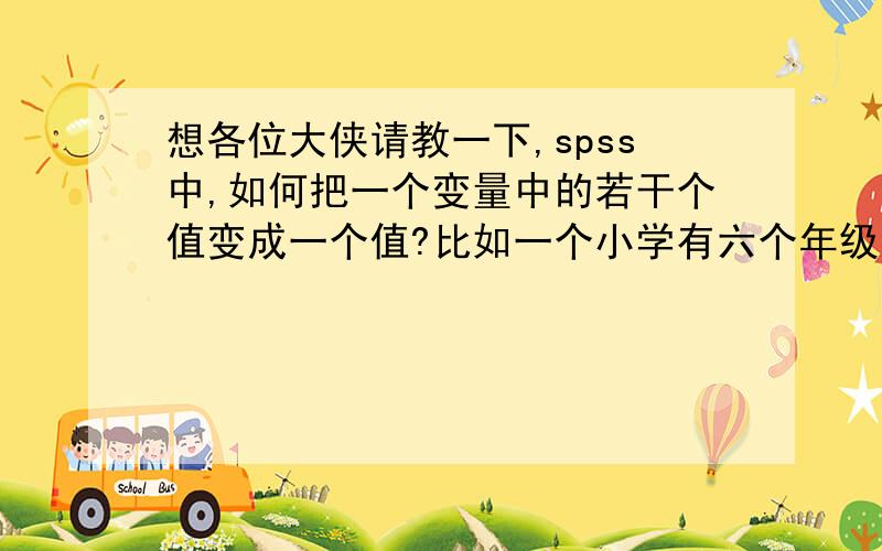 想各位大侠请教一下,spss中,如何把一个变量中的若干个值变成一个值?比如一个小学有六个年级,已知每个年级的各学科的平均分知道.如何把一二三年级编为a年级,四五六年级编为b年级,想比较