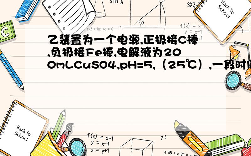 乙装置为一个电源,正极接C棒,负极接Fe棒,电解液为200mLCuSO4,pH=5,（25℃）,一段时间后pH=1,若要使溶液恢复到电解前的状态,可向溶液中加入（填物质的化学式）,多少克?列出可能的情况,请详细说