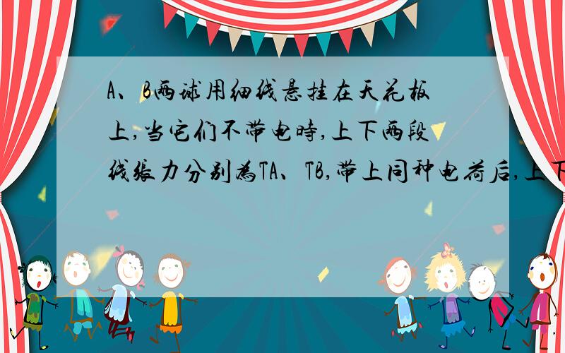 A、B两球用细线悬挂在天花板上,当它们不带电时,上下两段线张力分别为TA、TB,带上同种电荷后,上下两线