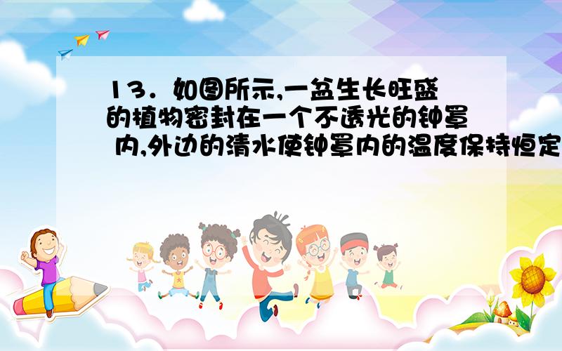 13．如图所示,一盆生长旺盛的植物密封在一个不透光的钟罩 内,外边的清水使钟罩内的温度保持恒定.将该装置放在温度为25℃的地方,那么红墨水柱的移动方向是 向左移可是我不知道为什么