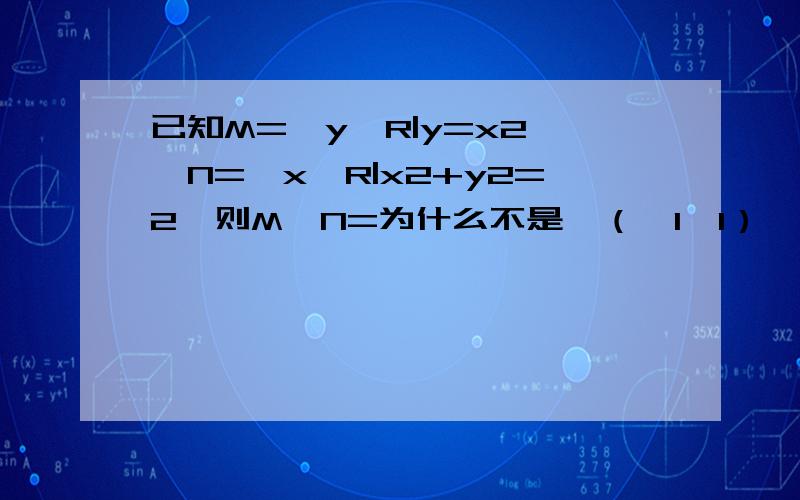 已知M={y∈R|y=x2},N={x∈R|x2+y2=2}则M∩N=为什么不是{（—1,1）,（1,1）}?还有第一个集合中元素不是Y第二个集合中不是X么?元素不一样啊,为什么还能共同求取值啊?而且,不就这个题而言,经常是题中