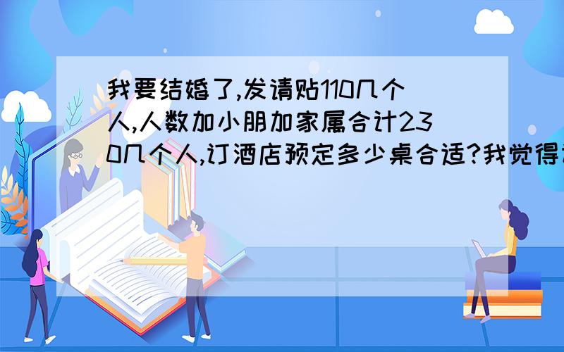 我要结婚了,发请贴110几个人,人数加小朋加家属合计230几个人,订酒店预定多少桌合适?我觉得订16桌就好,备2桌要得不?2岁的都算在当中了,帮我想想算算订多少?不算小朋友200人多点,18桌真的可