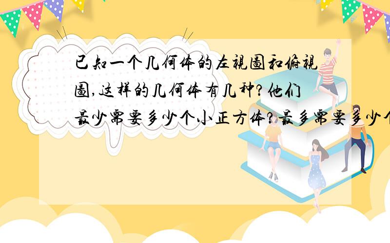 已知一个几何体的左视图和俯视图,这样的几何体有几种?他们最少需要多少个小正方体?最多需要多少个小正