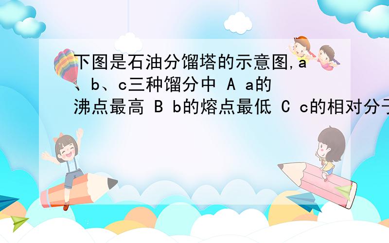 下图是石油分馏塔的示意图,a、b、c三种馏分中 A a的沸点最高 B b的熔点最低 C c的相对分子质量最大D 每一种馏分都是纯净物            求详细解析