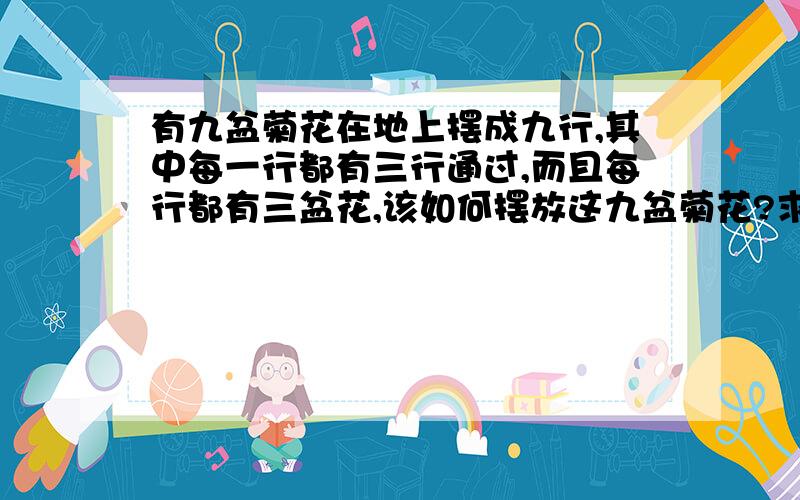 有九盆菊花在地上摆成九行,其中每一行都有三行通过,而且每行都有三盆花,该如何摆放这九盆菊花?求各位大哥、大姐帮帮忙.