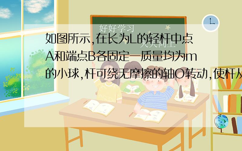 如图所示,在长为L的轻杆中点A和端点B各固定一质量均为m的小球,杆可绕无摩擦的轴O转动,使杆从水平位置无初速释放摆下．求当杆转到竖直位置时,轻杆对A、B两球分别做了多少功? 若取B的最