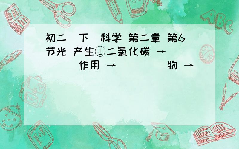 初二（下）科学 第二章 第6节光 产生①二氧化碳 → ____作用 → ____物 → ____吸收 →体内氧化 →二氧化碳②二氧化碳 → ____作用 → ____物 → ____吸收→ ____尸体 →煤、石油、天然气详情请看