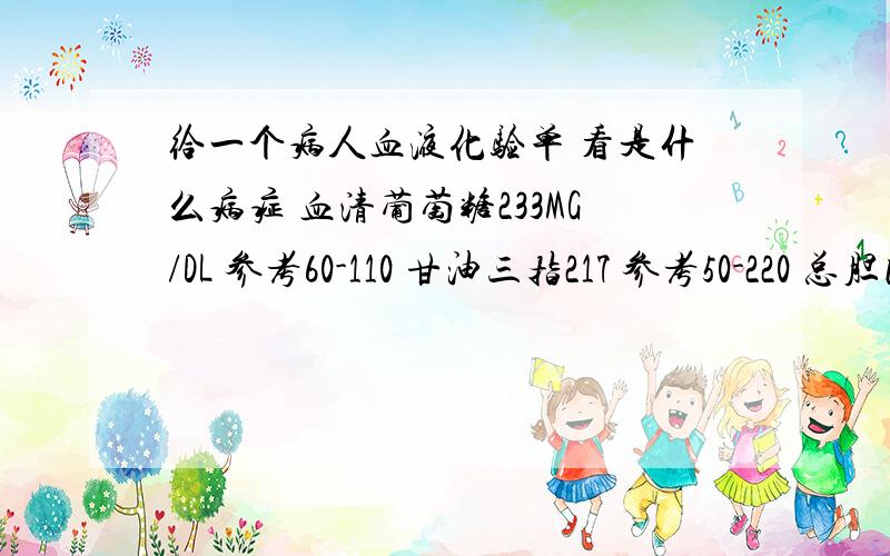 给一个病人血液化验单 看是什么病症 血清葡萄糖233MG/DL 参考60-110 甘油三指217 参考50-220 总胆固醇179 参考150-220 促甲状腺激素5.9 参考1.4-4.4 A该男子可能患有I型糖尿病 可服用胰岛素进行治疗 B